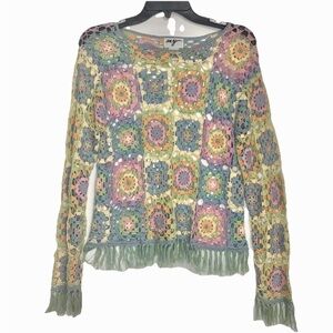 Vintage Trending Colorful Pastel Crochet Long Sleeve Festival Hippie Fringe Top